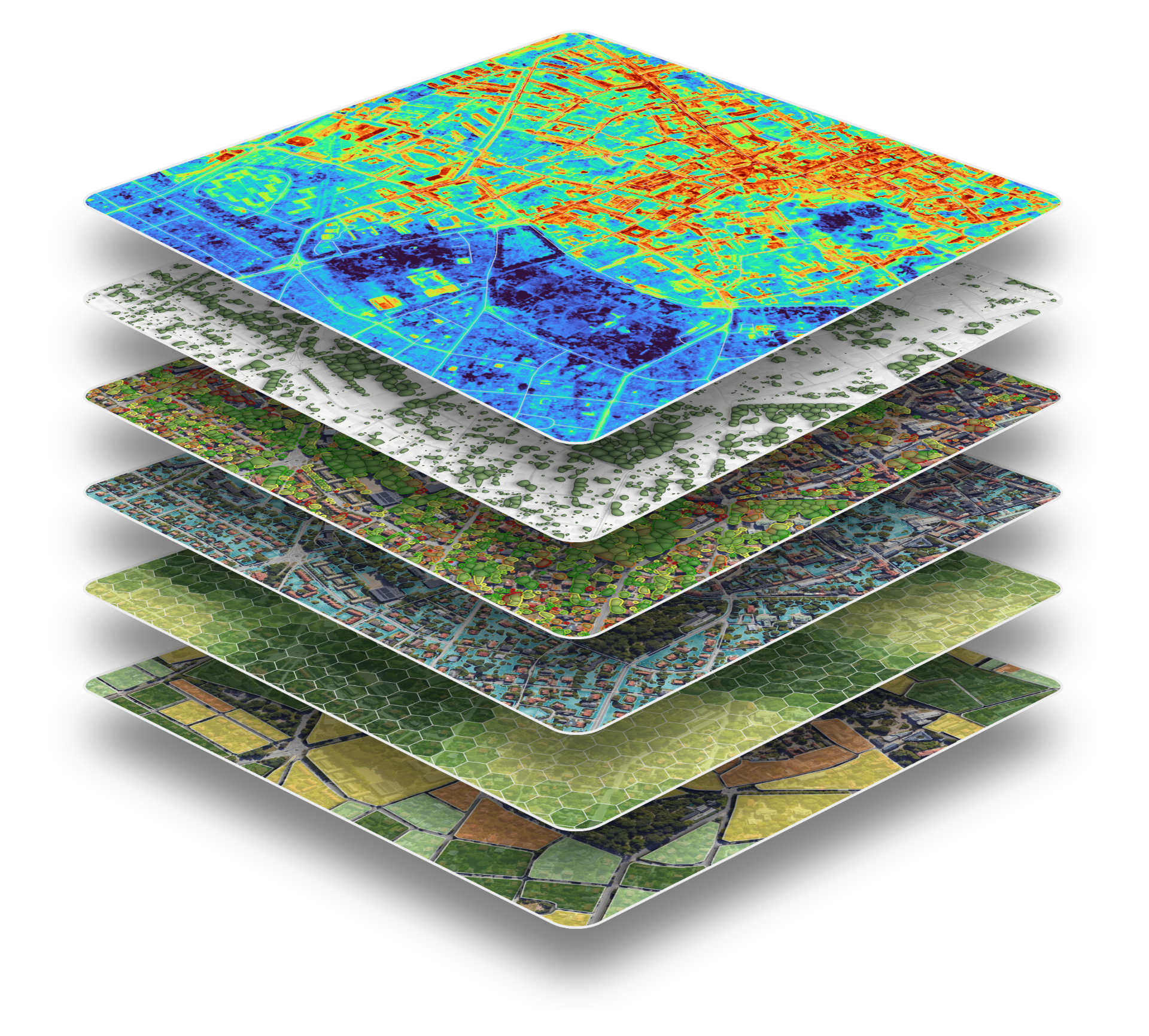 Stacked map data layers showing aerial imagery, heat, vegetation, tree inventory and building footprints